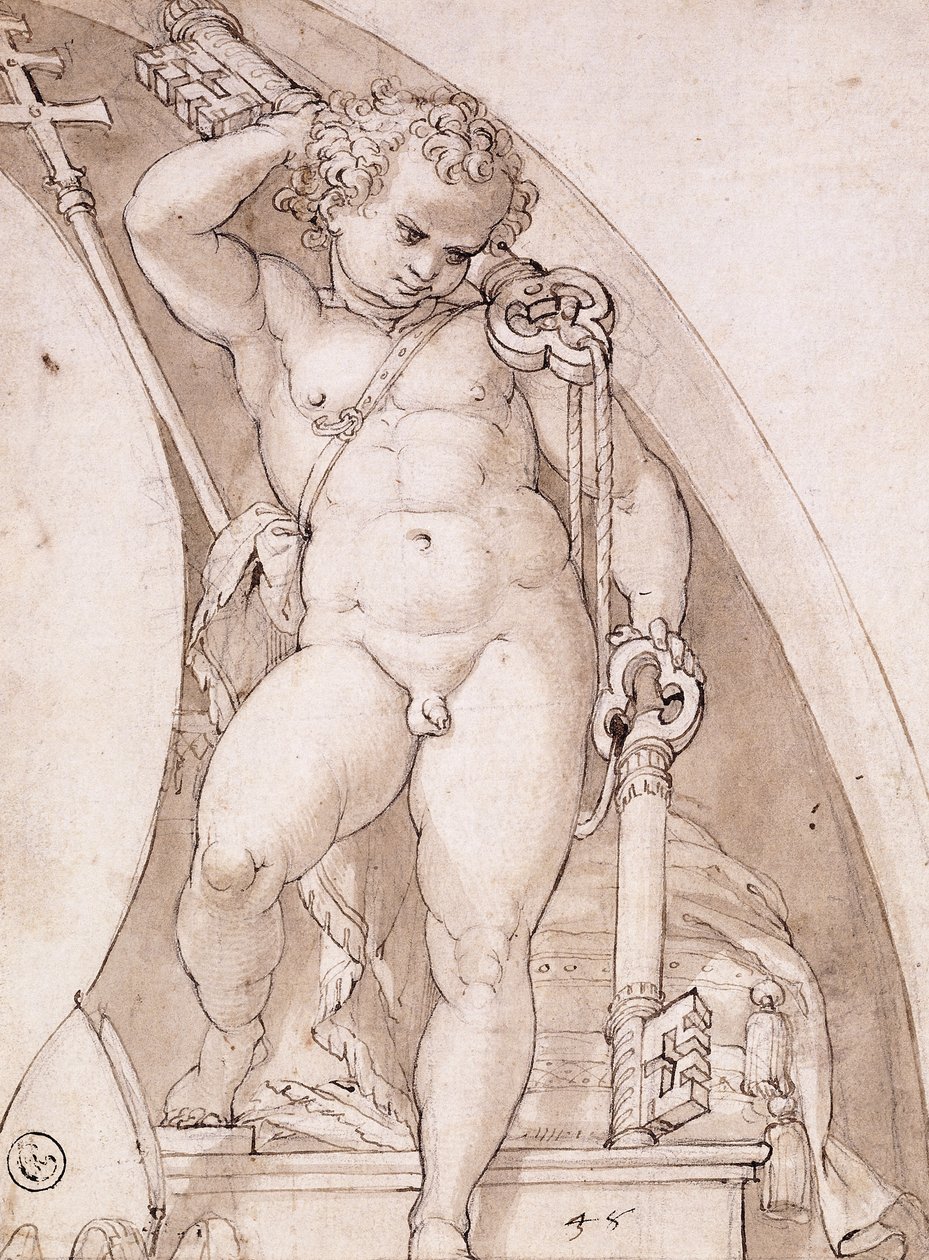 Stały Putto trzymający papieskie klucze: studium na lunetę, ok. 1575 r. autorstwa Orazio Samacchini