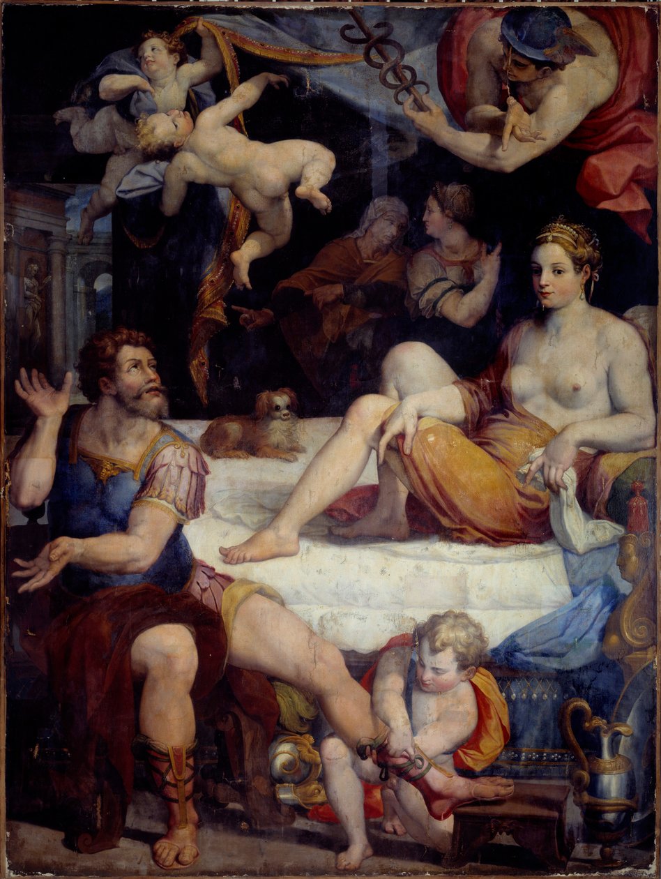 Wojna trojańska: „”Merkury nakazuje Enee porzucić Didona”” Malarstwo Orazio Samachini (1532-1577) XVI-wieczne Słońce. 2,49x1,78 m² autorstwa Orazio Samachini