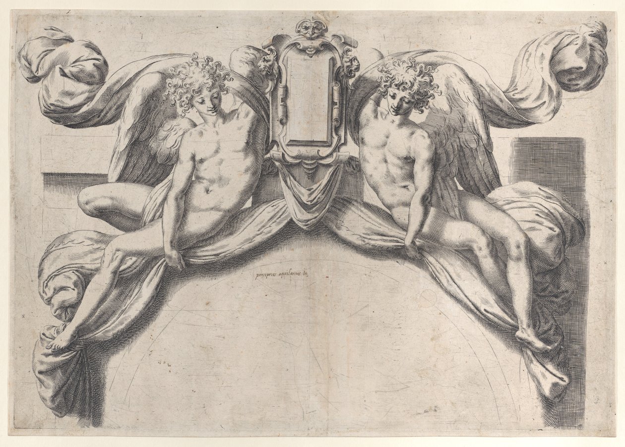 Dwa anioły podtrzymujące kartusz lub tarczę, 1568-77., 1568-77. autorstwa Orazio de Sanctis
