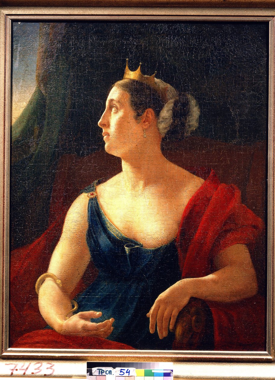 Portret aktorki Jekateryny Siemionowej (1786-1849) w roli Klitajmestry do sztuki Eurypidesa Ifigenia a Aulis. (Portret aktorki E. Siemionowej w roli Klitajmestry w sztuce Eurypidesa Ifigeneja w Aulidzie). Farba autorstwa Orest Adamovich Kiprensky