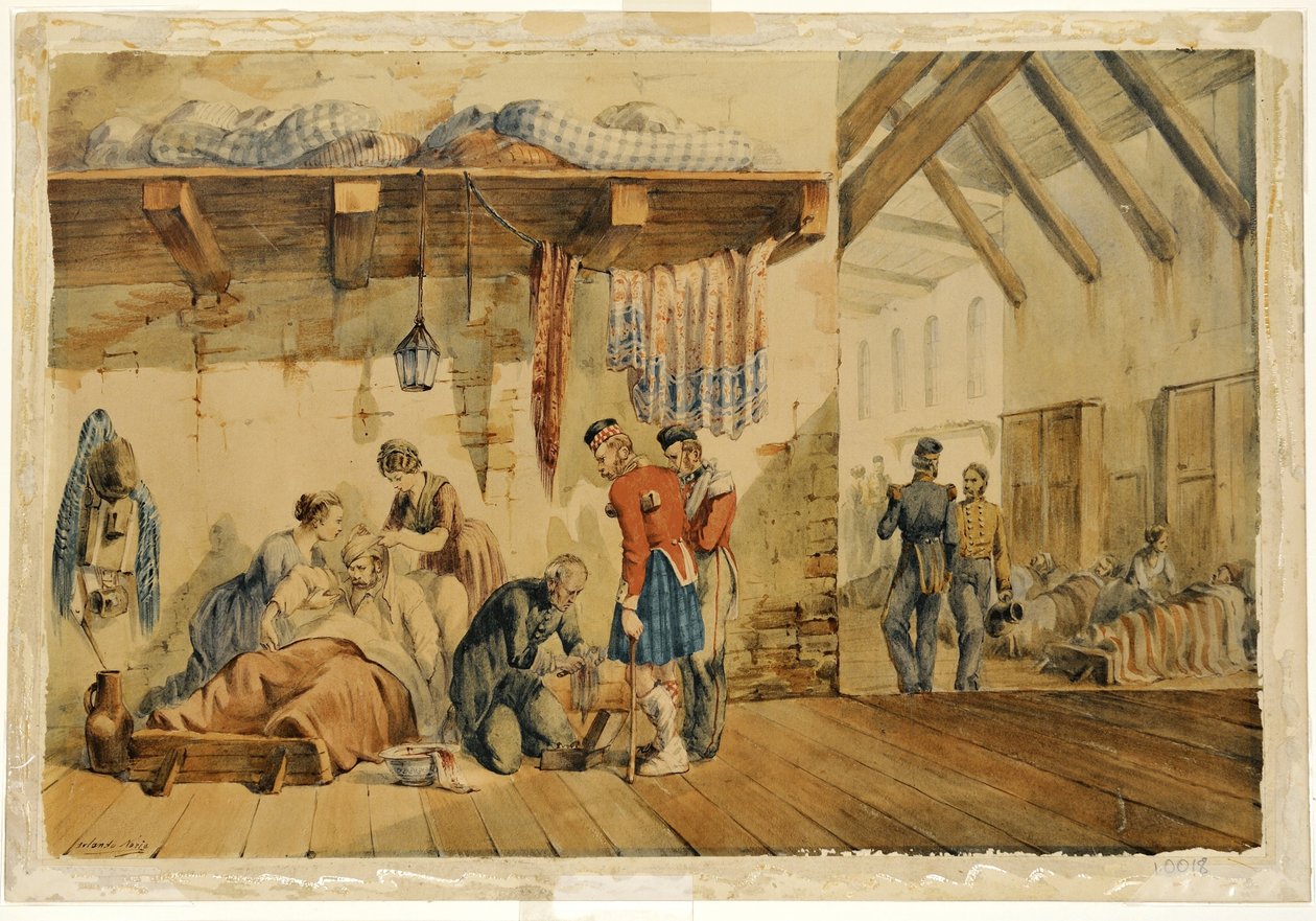 [Barak] Szpital Szkocki, scena z pielęgniarkami i żołnierzami Pułku Podhalańskiego, 1854-56 autorstwa Orlando Norie