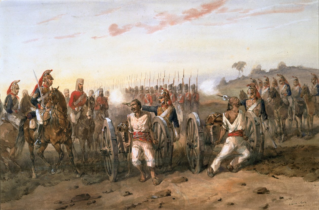 Buntownicy, którzy mają zostać wystrzeleni z dział przez bengalską artylerię konną, ok. 1858 r. (akwarela na papierze) autorstwa Orlando Norie