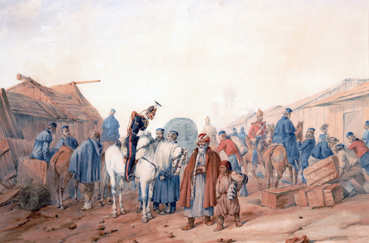 Baza zaopatrzenia armii brytyjskiej w porcie Balaclava (Balaklava) - Norie, Orlando (1832-1901) - 1854 - Akwarela na papierze - 36,3x52,6 - Kolekcja prywatna autorstwa Orlando Norie
