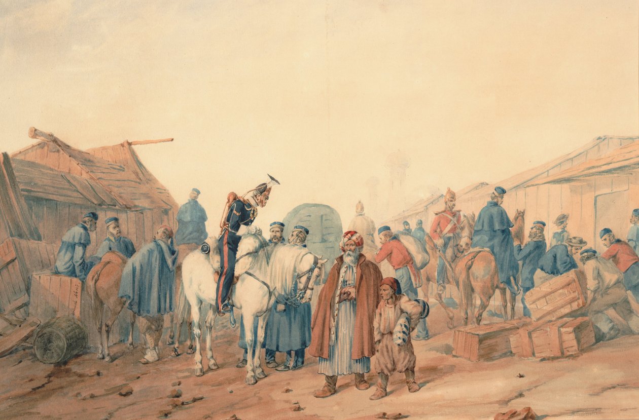 Baza zaopatrzenia armii brytyjskiej w porcie w Balaclava, 1854 autorstwa Orlando Norie