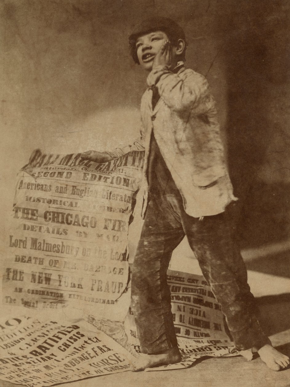 Pozowany obraz gazeciarza wołającego wiadomość o pożarze Chicago z 1871 r., 1871 r. autorstwa Oscar Gustav Rejlander