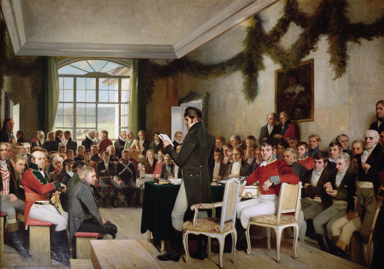 Zgromadzenie Narodowe w Eidsvoll uchwala konstytucję norweską w 1814 r autorstwa Oscar Arnold Wergeland