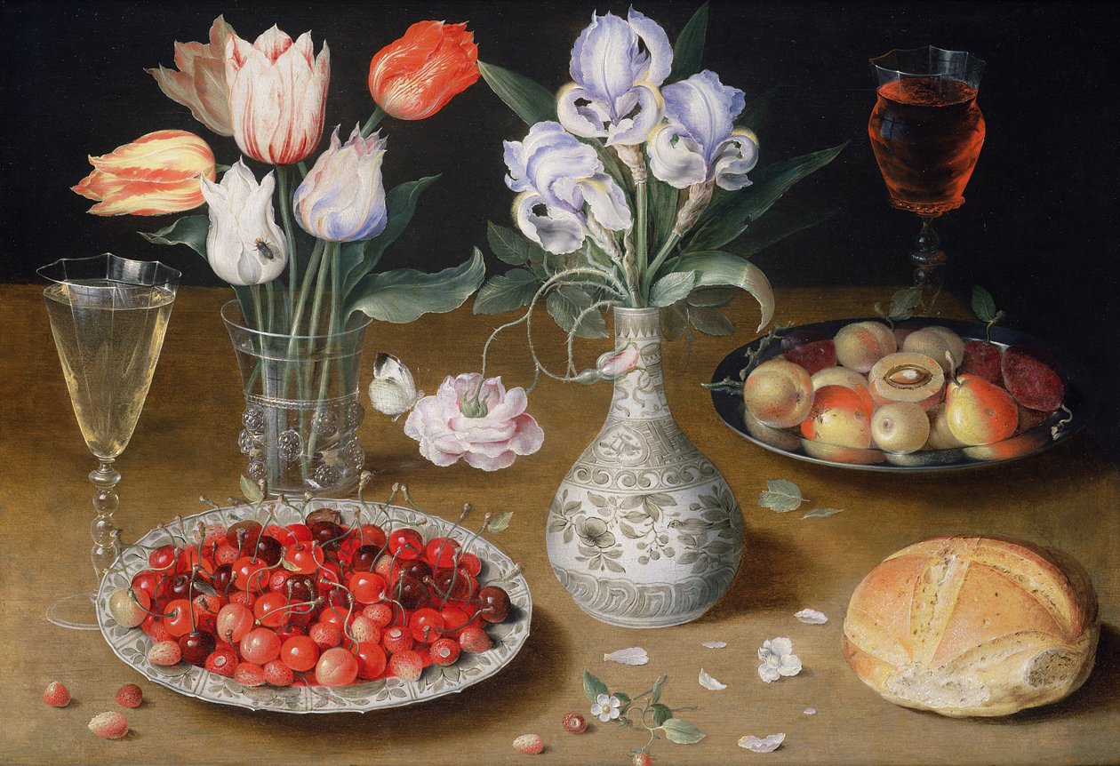 Martwa natura z liliami, różami, tulipanami, wiśniami i dzikimi truskawkami autorstwa Osias the Elder Beert