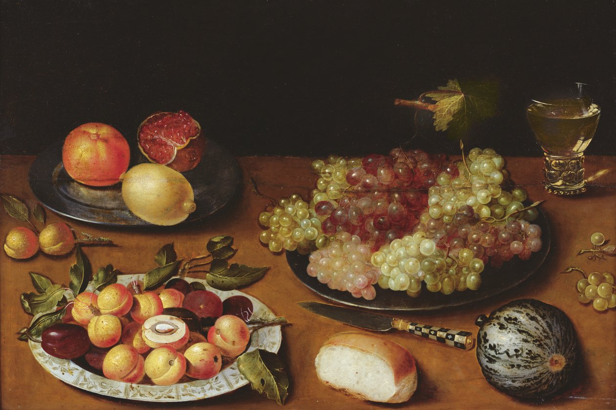 Martwa natura z winogronami, granatami i morelami (olej na drewnie) autorstwa Osias the Elder Beert