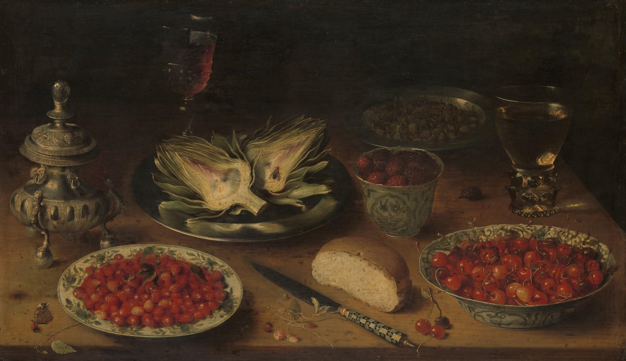 Martwa natura z karczochami, owoce w porcelanie Kraak, solniczka / pieprzniczka autorstwa Osias Beert (I)
