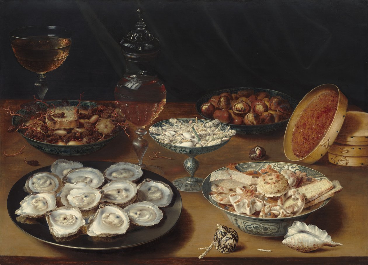 Dania z ostrygami, owocami i winem autorstwa Osias Beert the Elder