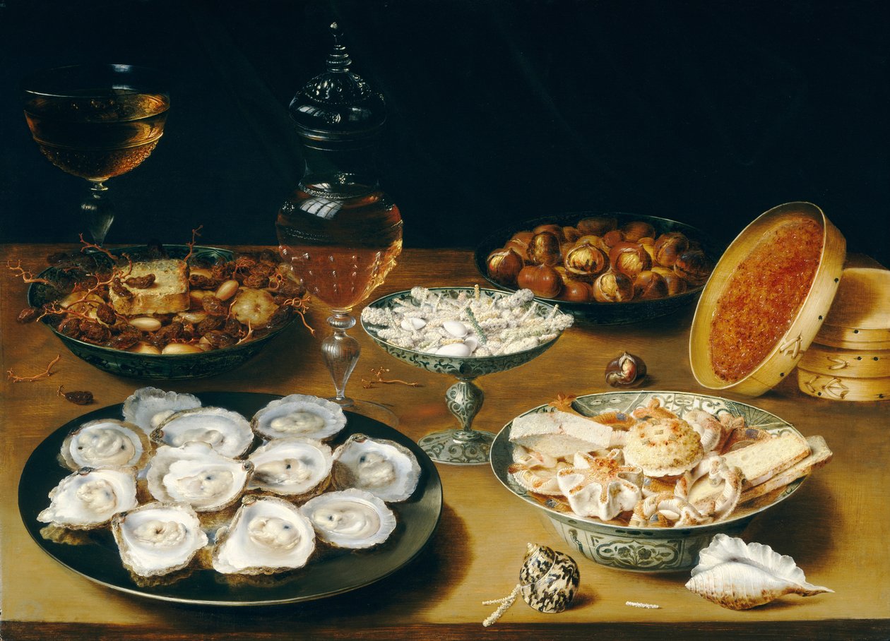 Dania z ostrygami, owocami i winem, ok. 1620-25 (olej na panelu) autorstwa Osias the Elder Beert