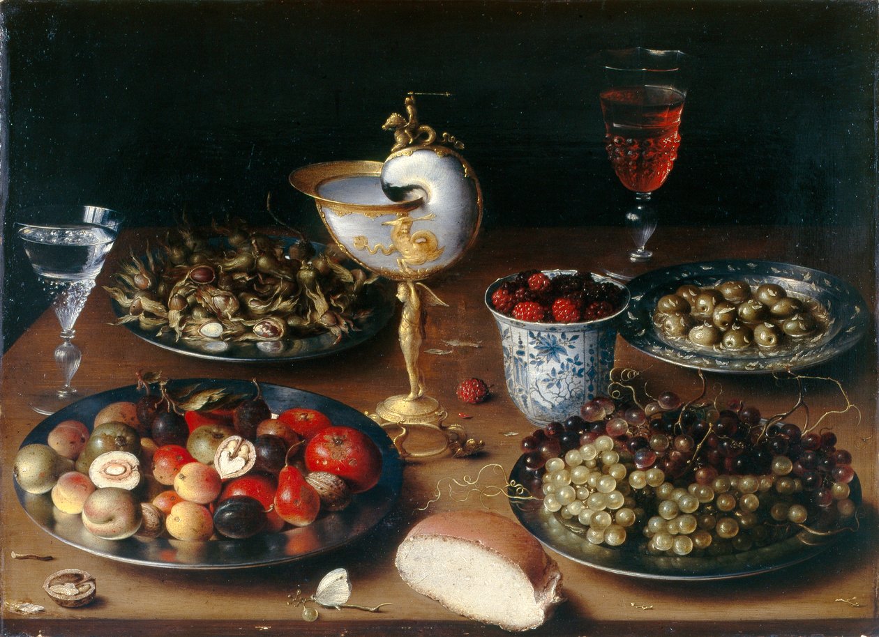 Martwa natura z pucharem nautilusa, owocami, orzechami i winem, ok. 1610 (olej na płycie dębowej) autorstwa Osias the Elder Beert