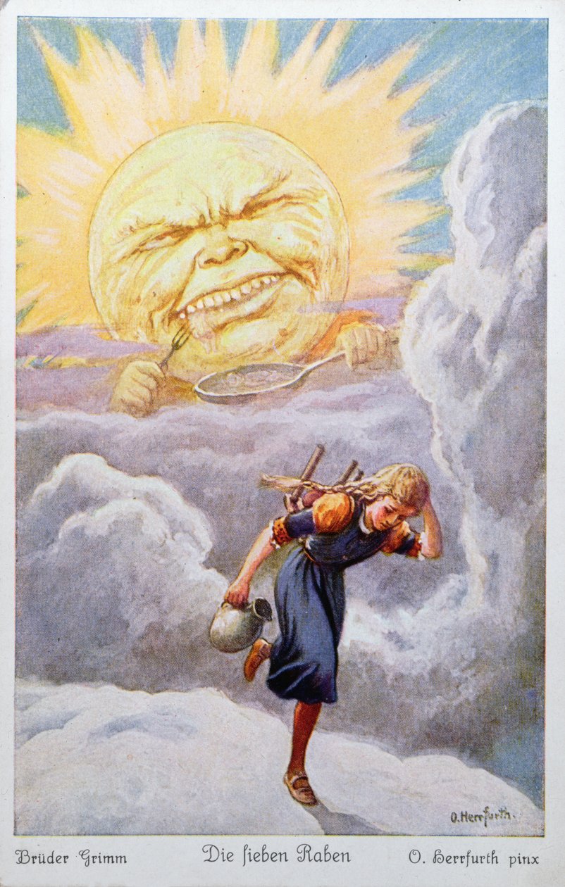 Młoda dziewczyna w drodze, by uratować swoich braci, ucieka przed ekstremalnym upałem słońca, które grozi, że ją ugotuje i zje, ilustracja z Siedmiu kruków braci Grimm autorstwa Oskar Herrfurth