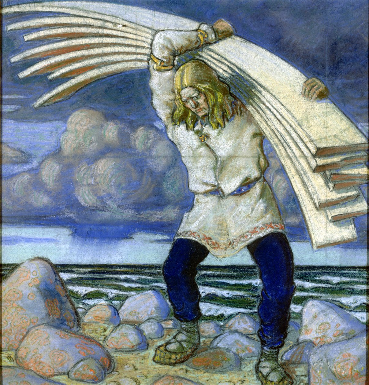 Kalevipoeg niosący deski, 1914 autorstwa Oskar Kallis