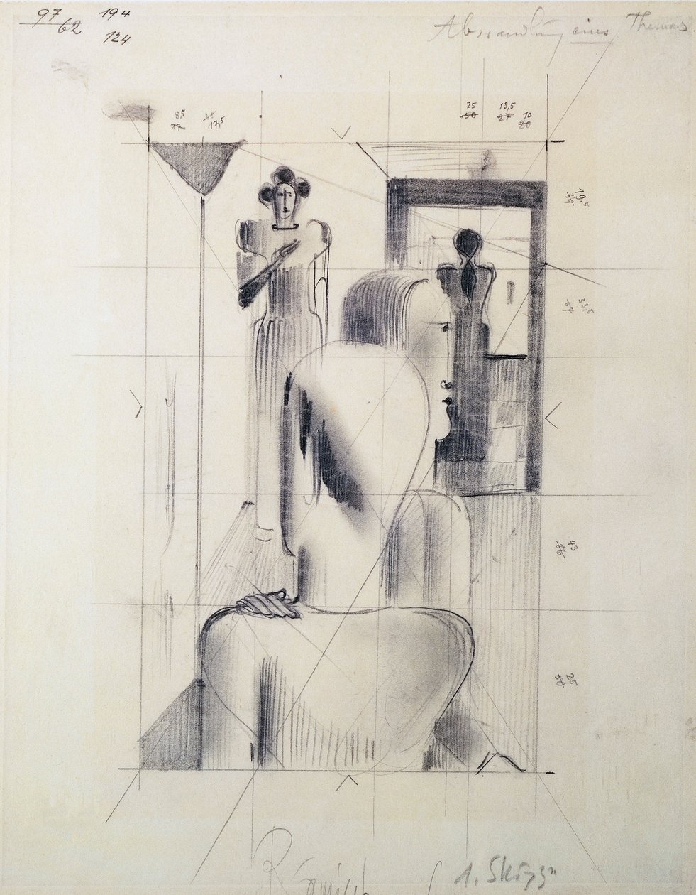 Figury w pokoju, Oskar Schlemmer (1888-1943), ołówek na papierze. Niemcy, XX wiek. autorstwa Oskar Schlemmer
