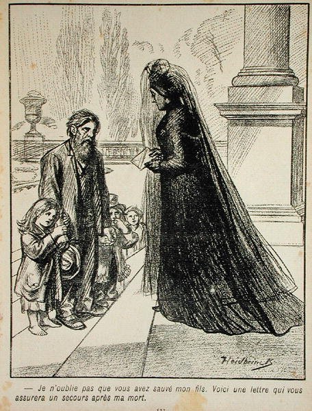Nie zapomnę, że uratowałeś mojego syna. Oto list zapewniający opiekę po mojej śmierci z lAssiette au Beurre, 1901 autorstwa Oswald after Heidbrinck