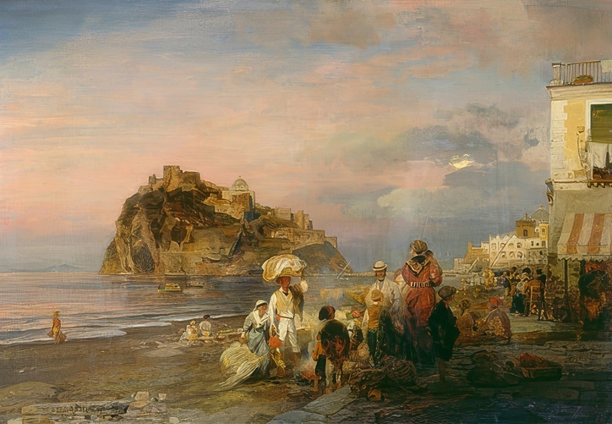 Wieczorna plaża w pobliżu Ischii. 1879 autorstwa Oswald Achenbach