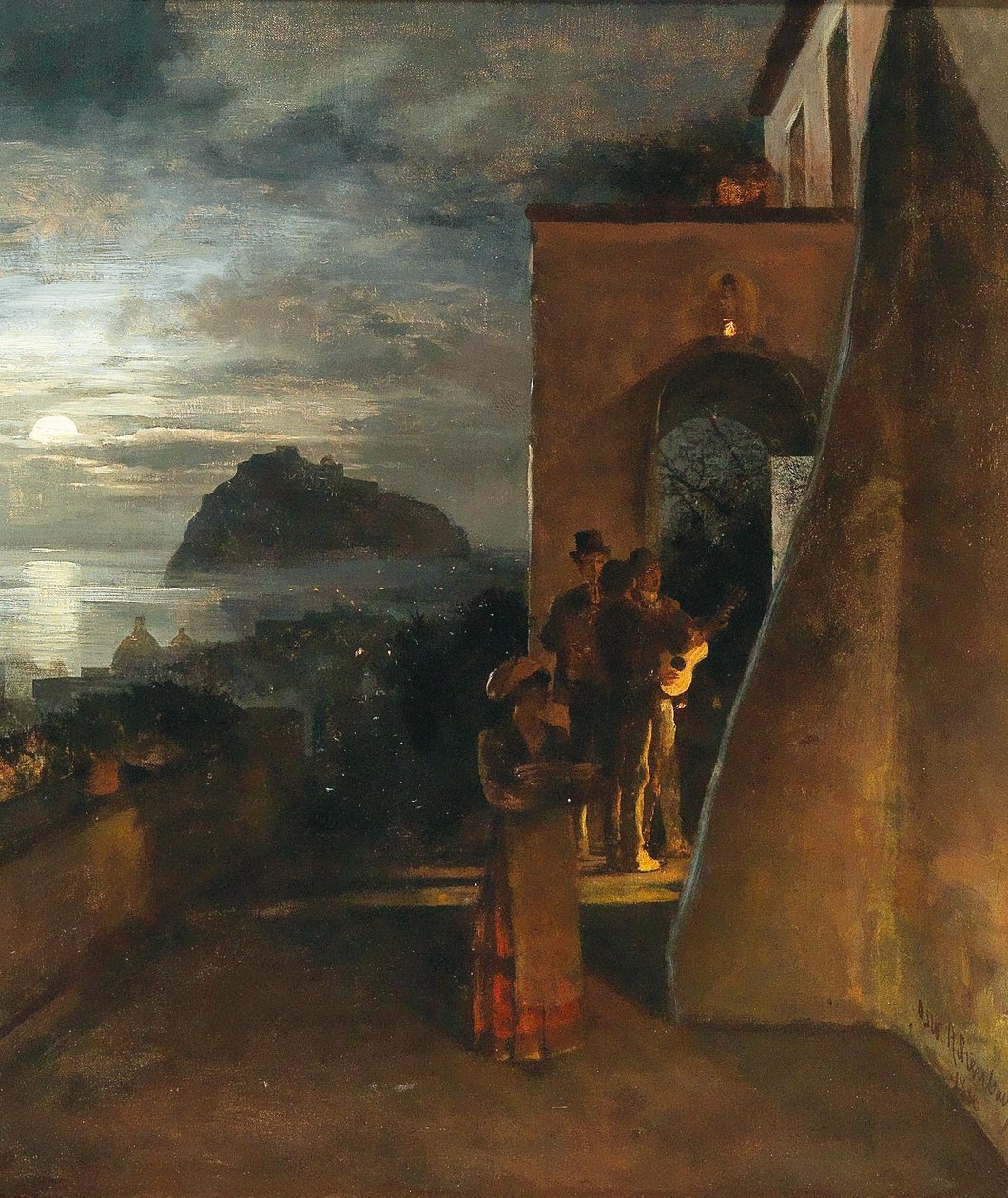 Wieczorna serenada na wyspie Ischia, Castello Aragonese w tle autorstwa Oswald Achenbach