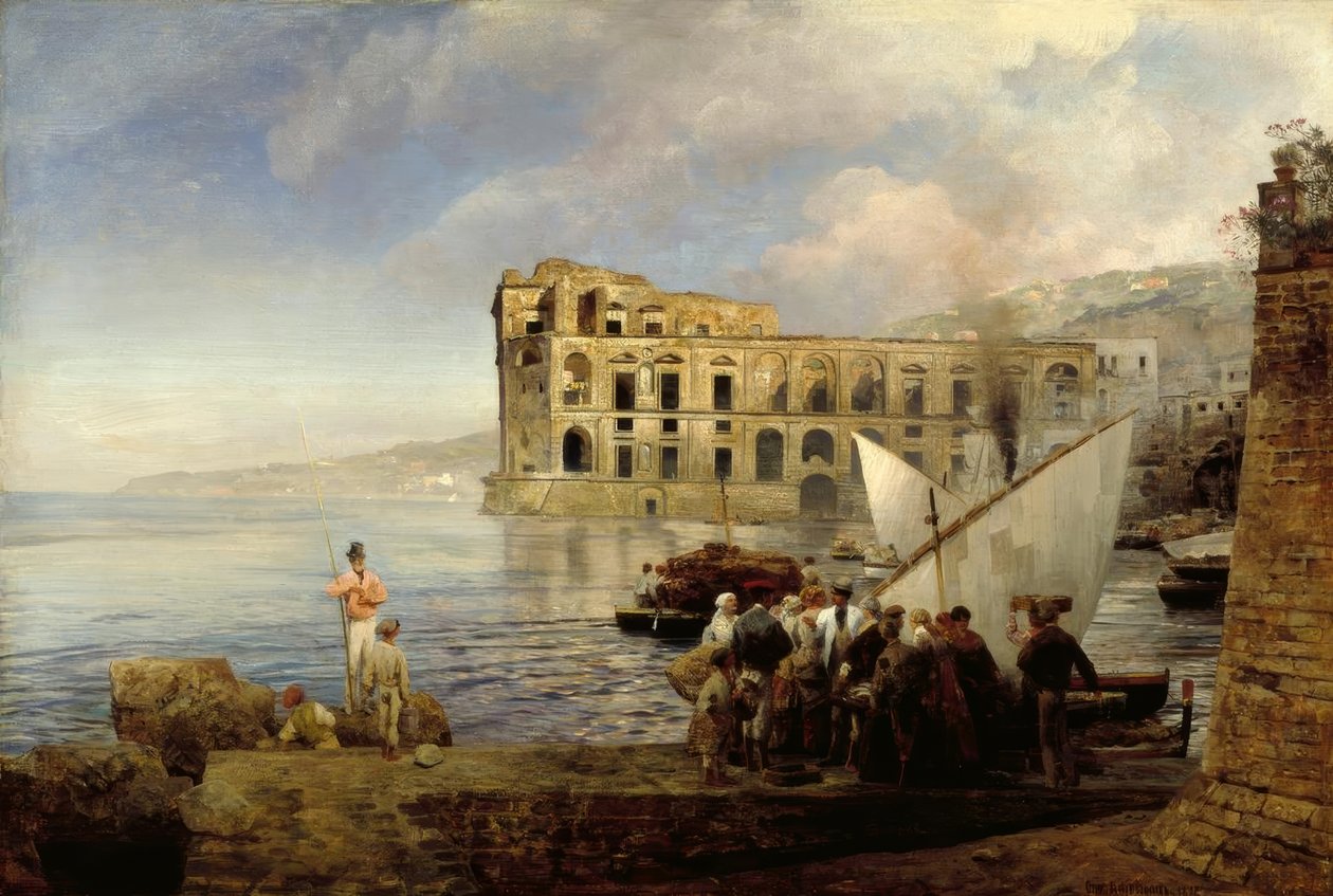 O.Achenbach, Zatoka pod Neapolem z Pałacem Królowej Anny. autorstwa Oswald Achenbach