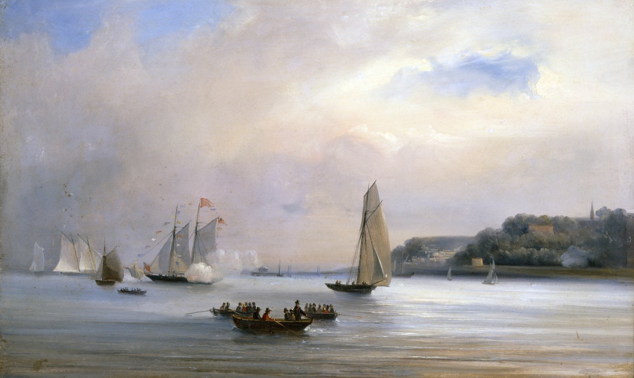 Anglo-American Yacht Race wokół wyspy Wight, 22 sierpnia 1851 (olej na płótnie) autorstwa Oswald Walters Brierly