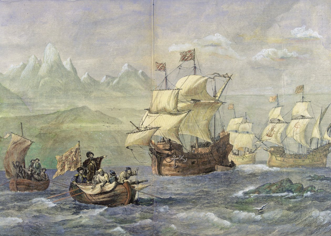 Odkrycie Cieśniny Magellana (kolorowy grawerunek) autorstwa Oswald Walters Brierly