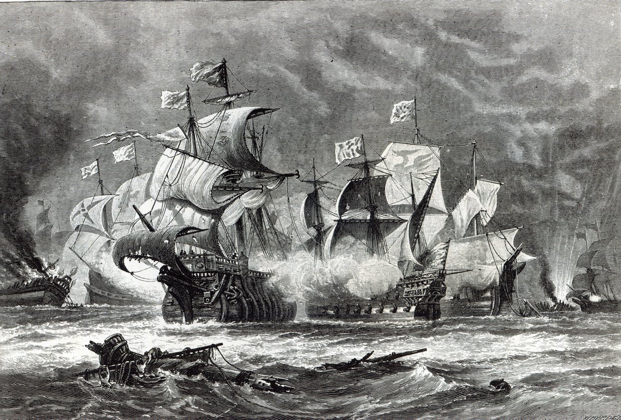 The Vanguard, pod dowództwem Sir Williama Wintera, walczący z hiszpańską Armadą, z „Godziny wypoczynku”, 1888 r. autorstwa Oswald Walters Brierly