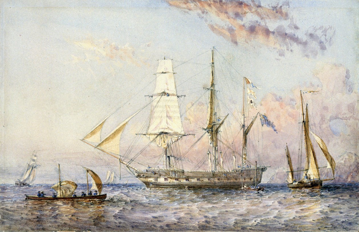 Statek HMS "Rattlesnake" (1822). Akwarela z 1853 r. autorstwa Sir Oswalda Waltera Brierly