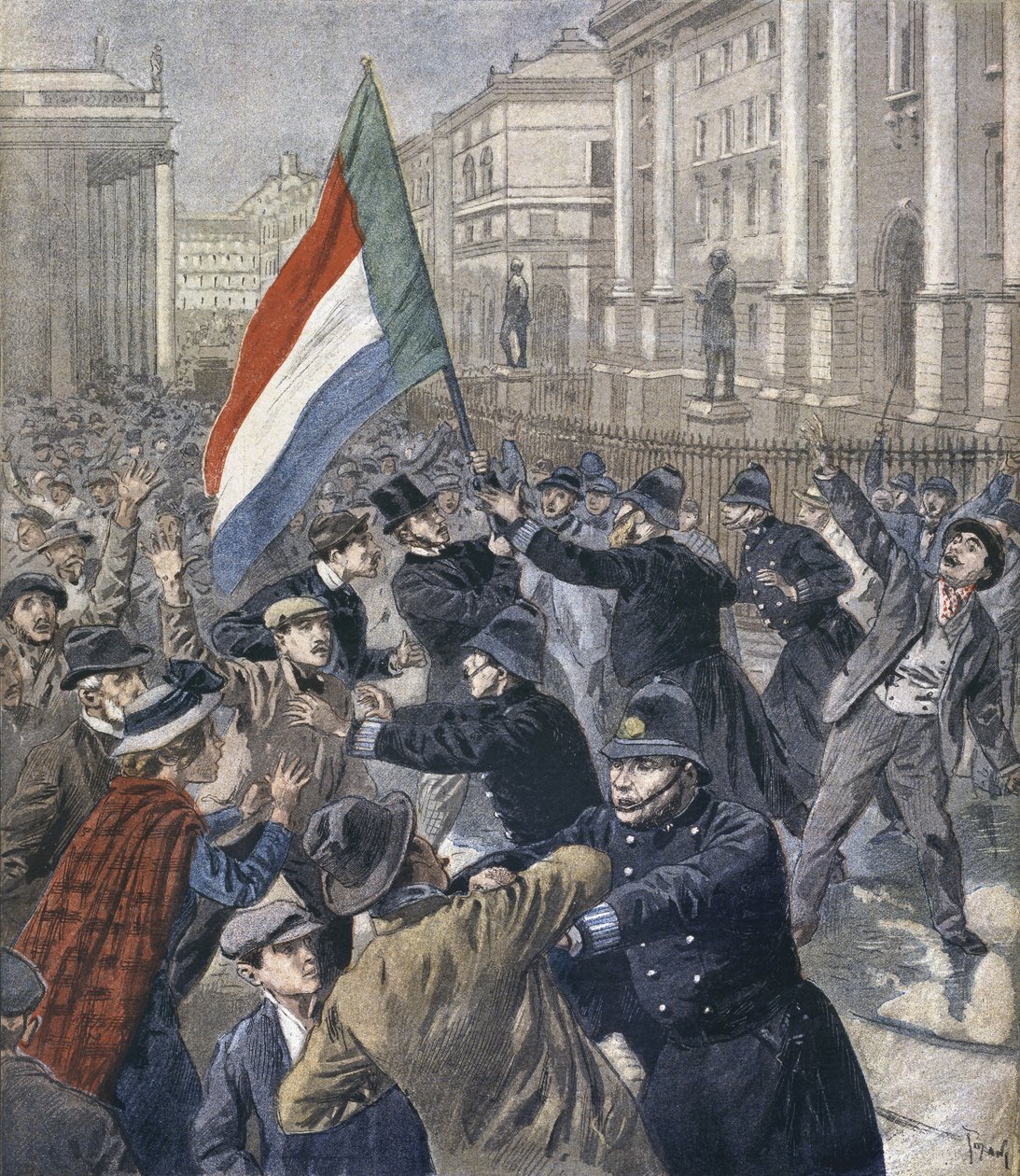 Irlandia, demonstracja przeciwko Chamberlainowi, ilustracja z "Le Petit Journal: Supplement illustre", 31 grudnia 1899 r. autorstwa Oswaldo Tofani