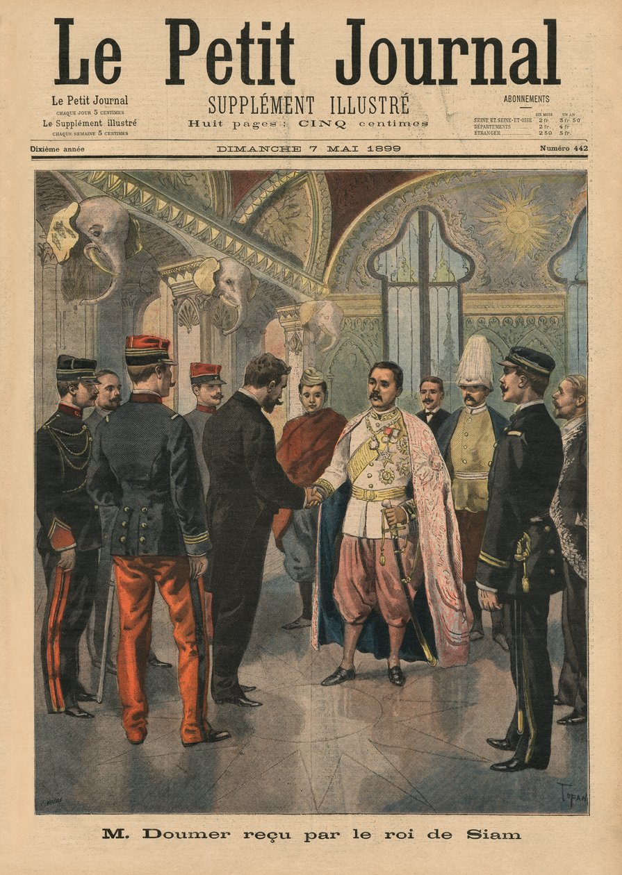 Paul Doumer, gubernator generalny Indochin, przyjęty w Bangkoku przez Chulalongkorna, króla Syjamu jako Rama V, ilustracja na okładce z „Le Petit Journal”, Suplement Illustre, 7 maja 1899 (kolor autorstwa Oswaldo Tofani