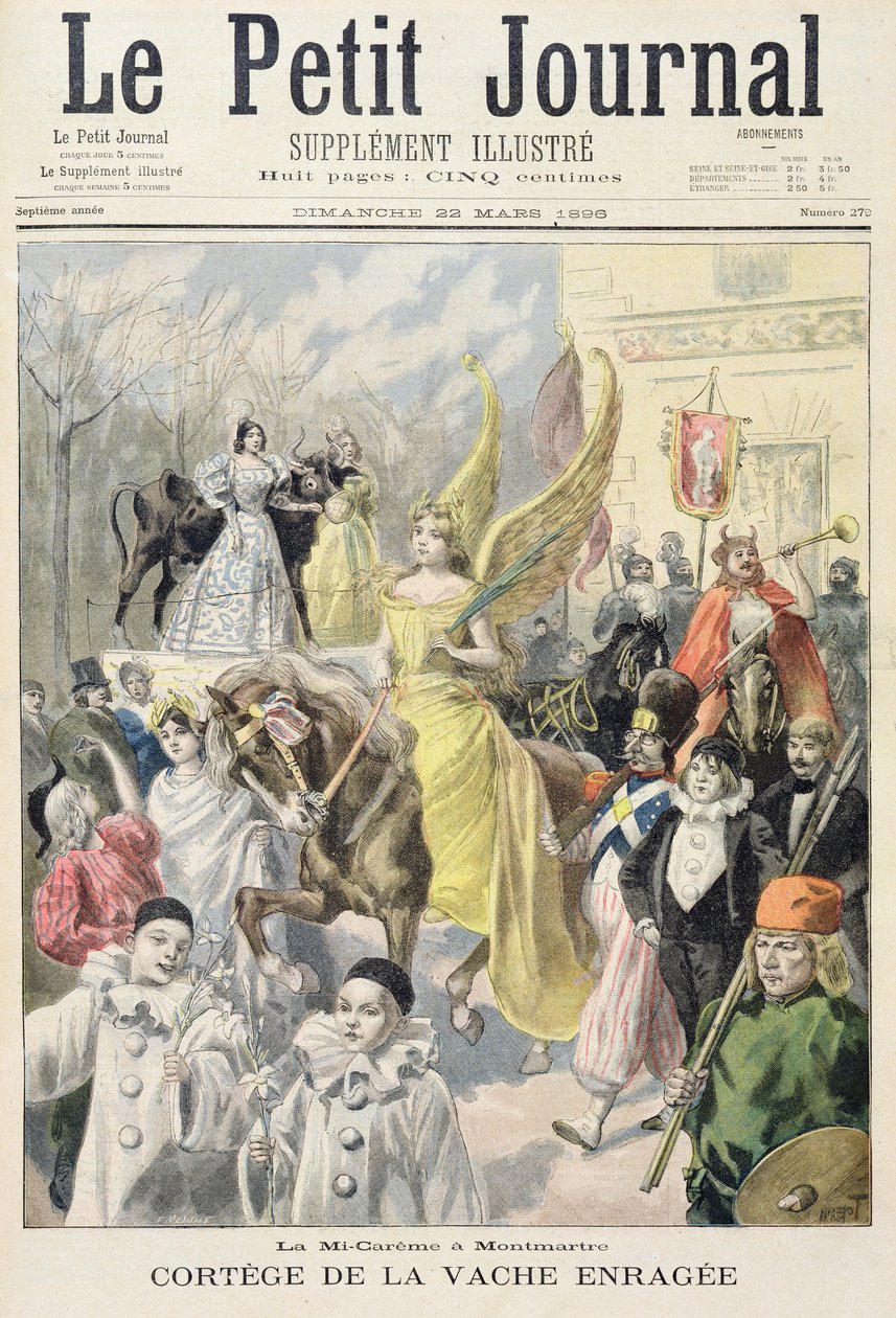 Strona tytułowa przedstawiająca procesję wściekłej krowy w połowie Wielkiego Postu na Montmartre, ilustracja z ilustrowanego dodatku Le Petit Journal, 22 marca 1896 autorstwa Oswaldo Tofani