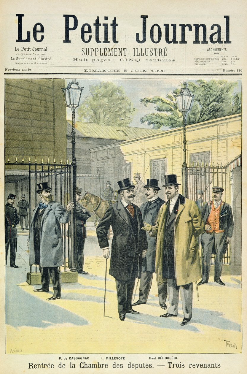 Strona tytułowa przedstawiająca ponowne otwarcie Izby Poselskiej z Paulem Granier de Cassagnac, Lucienem Millevoye i Paulem Deroulede, ilustracja z ilustrowanego dodatku Le Petit Journal, 5 J autorstwa Oswaldo Tofani