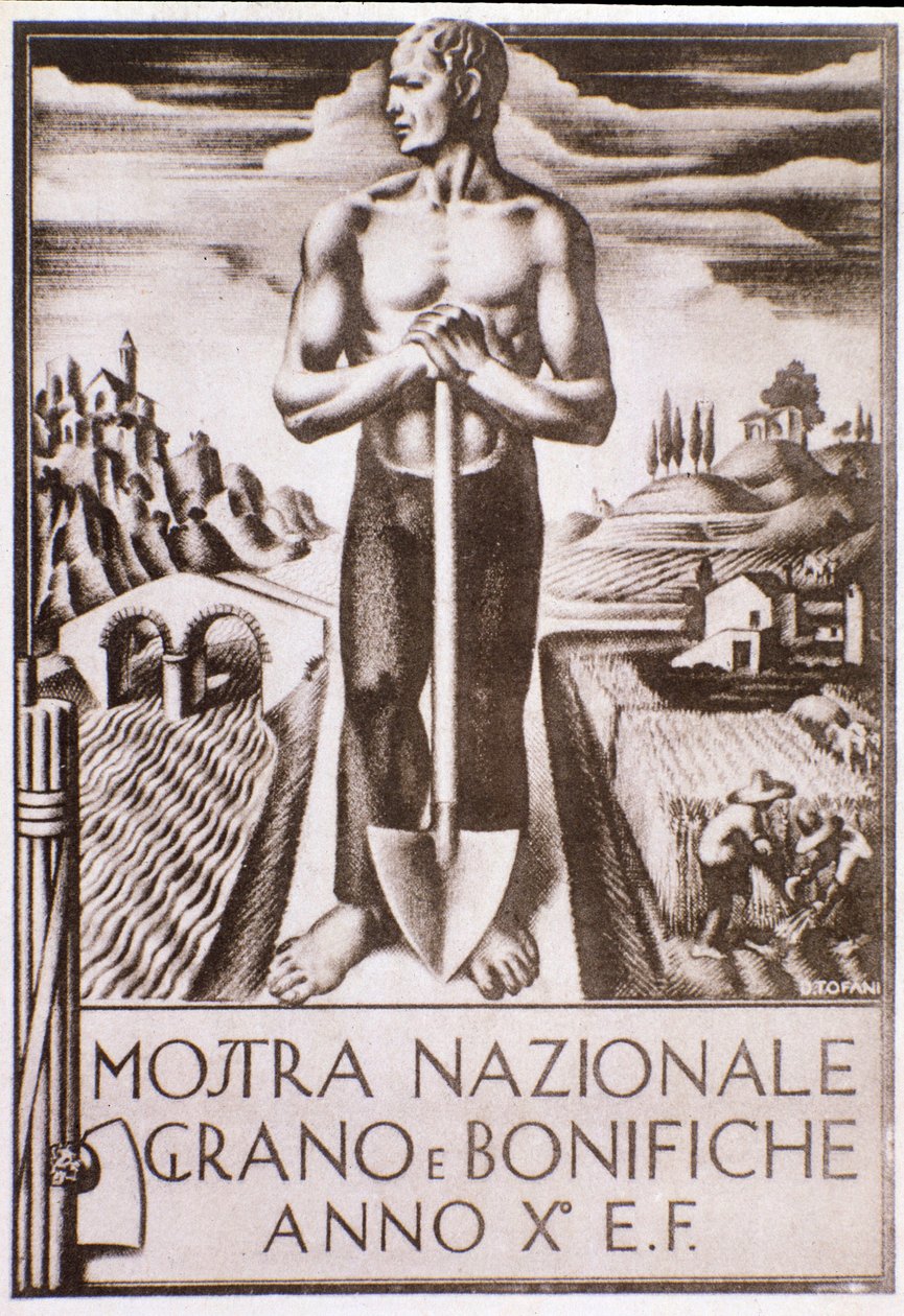 Faszystowski plakat propagandowy do kampanii zbożowej i melioracyjnej autorstwa Oswaldo (after) Tofani