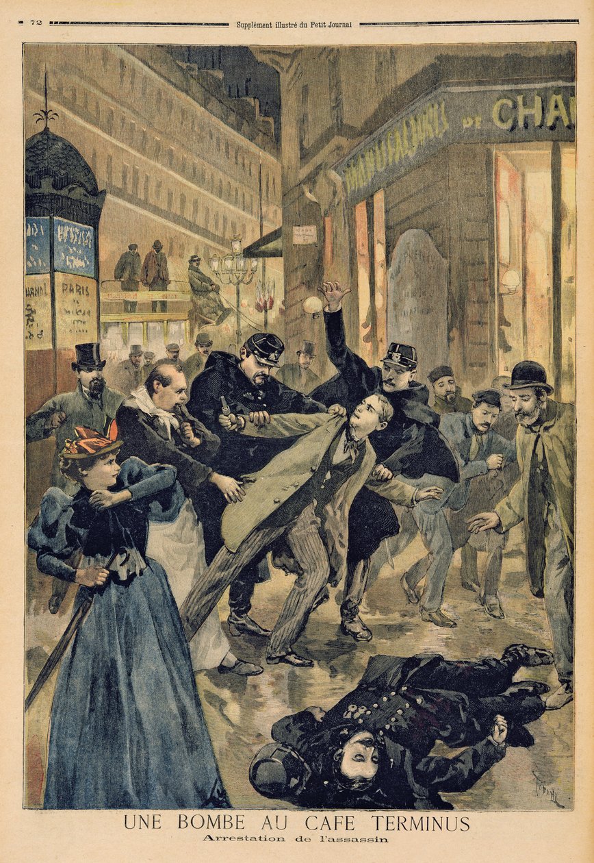 Bomba w Cafe Terminus, aresztowanie zabójcy, ilustracja z „Le Petit Journal”, 26 lutego 1894 autorstwa Oswaldo Tofani