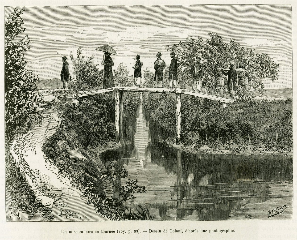 Z kolei misjonarz. Grawerowanie Tofaniego, aby zilustrować historię Trente mois au Tonkin, w 1884 r., autorstwa doktora Paula Hocquarda, in le tour du monde 1890, pod kierunkiem Edouarda Chartona (1807-1890), Hachette, Paryż. autorstwa Oswaldo Tofani