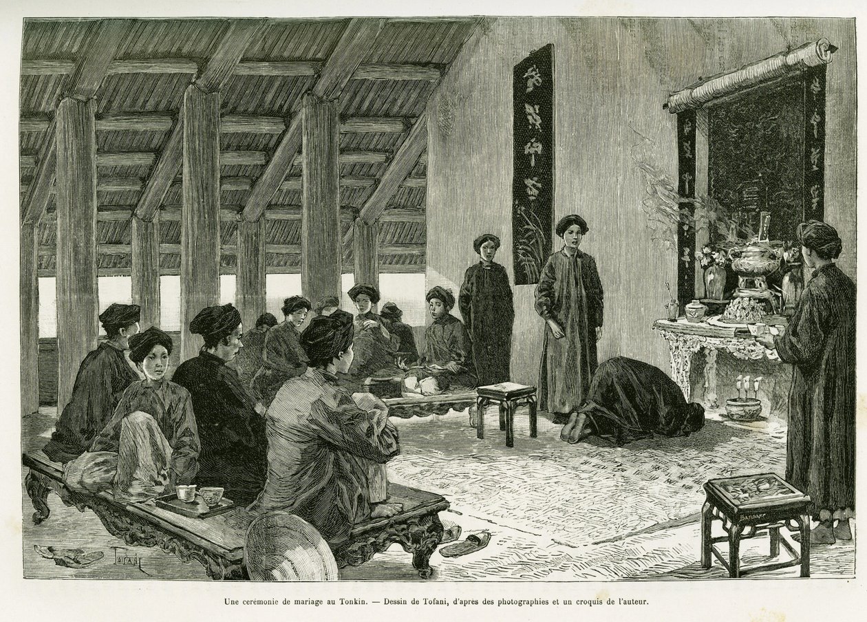 Ceremonia ślubna w Tonkin. Grawerowanie autorstwa Tofaniego, aby zilustrować historię Trente mois au Tonkin, w 1884 r., autorstwa dr Paula Hocquarda, in le tour du monde 1890, pod kierunkiem Edouarda Chartona (1807-1890), Hachette, Paryż. autorstwa Oswaldo Tofani