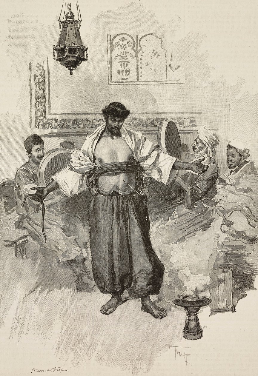 Taniec Aissawa, marokańskie bractwo religijne, na Wystawie Powszechnej 1889, Paryż, Francja, rycina E Mancastroppa z rysunku Osvaldo Tofaniego z L