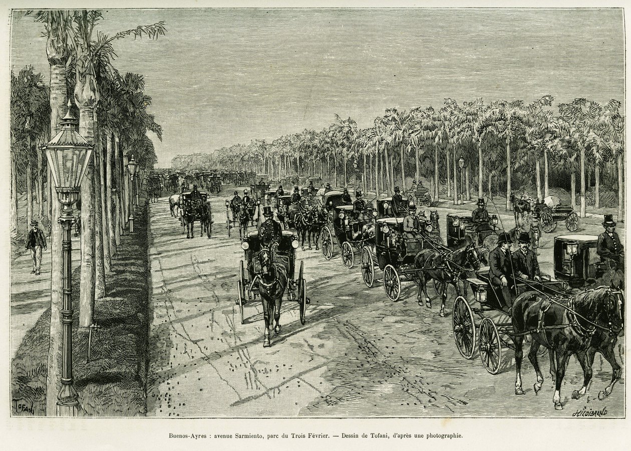 Buenos Aires, Aleja Sarmiento, Park Trzech Lut. Grawerowanie Tofaniego, aby zilustrować opowiadanie Voyage a la Plata, w 1886, autorstwa Emile Daireaux, in le tour du monde 1888, w reżyserii Edouarda Chartona (1807-1890), Hachette, Paryż. autorstwa Oswaldo Tofani