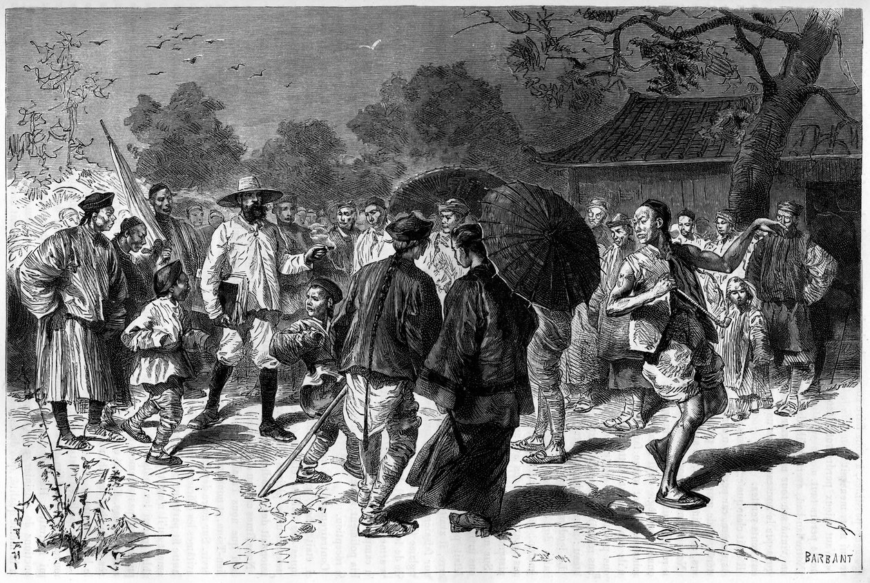 Dr Piassetzky podróżuje do Chin zawsze w towarzystwie Chińczyków. Grawer według rysunku Tofaniego, w „”Le Tour du Monde, Nouveau journal des Voyages””, pod redakcją Edouarda Chartona, Paryż autorstwa Oswaldo Tofani
