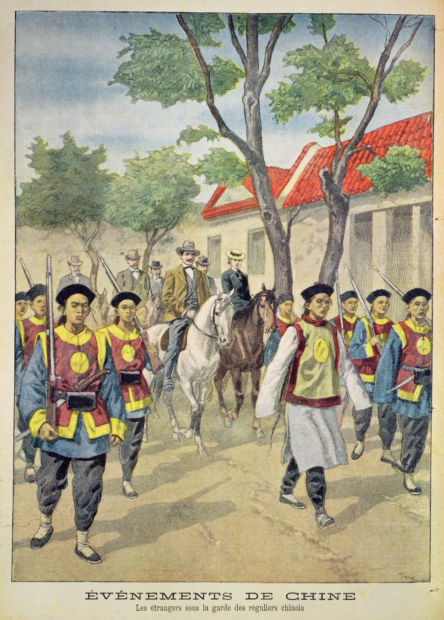 Europejscy obcokrajowcy pod uzbrojoną eskortą chińskich regularnych żołnierzy podczas buntu bokserów w latach 1899-1901, ilustracja z „Le Petit Journal”, 18 lipca 1900 autorstwa Oswaldo Tofani