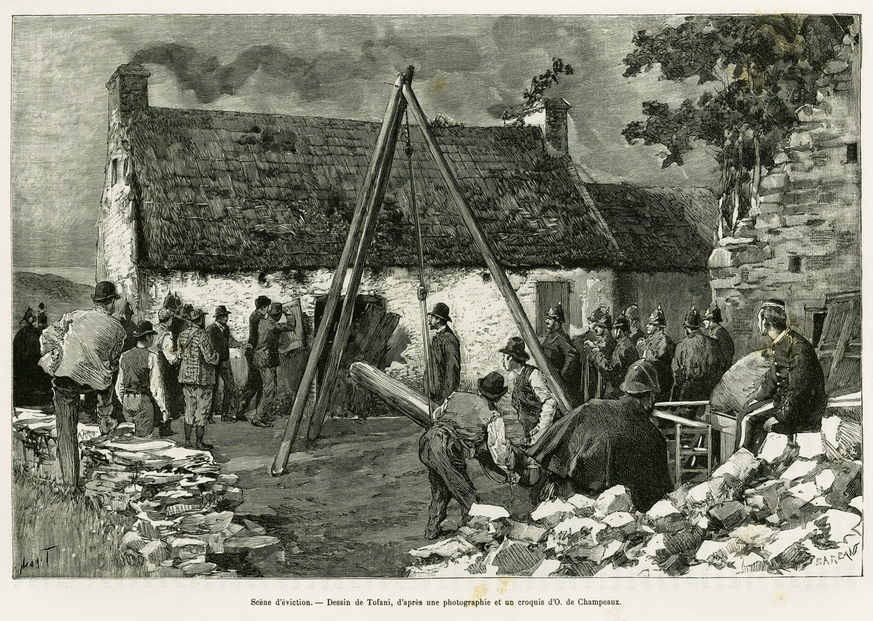 Scena eksmisji. Grawerowanie autorstwa Tofaniego, aby zilustrować historię Trzy miesiące w Irlandii, w 1889, autorstwa Marie Anne de Bovet, in le tour du monde 1890, reżyseria Edouard Charton (1807-1890), Hachette, Paryż. autorstwa Oswaldo Tofani