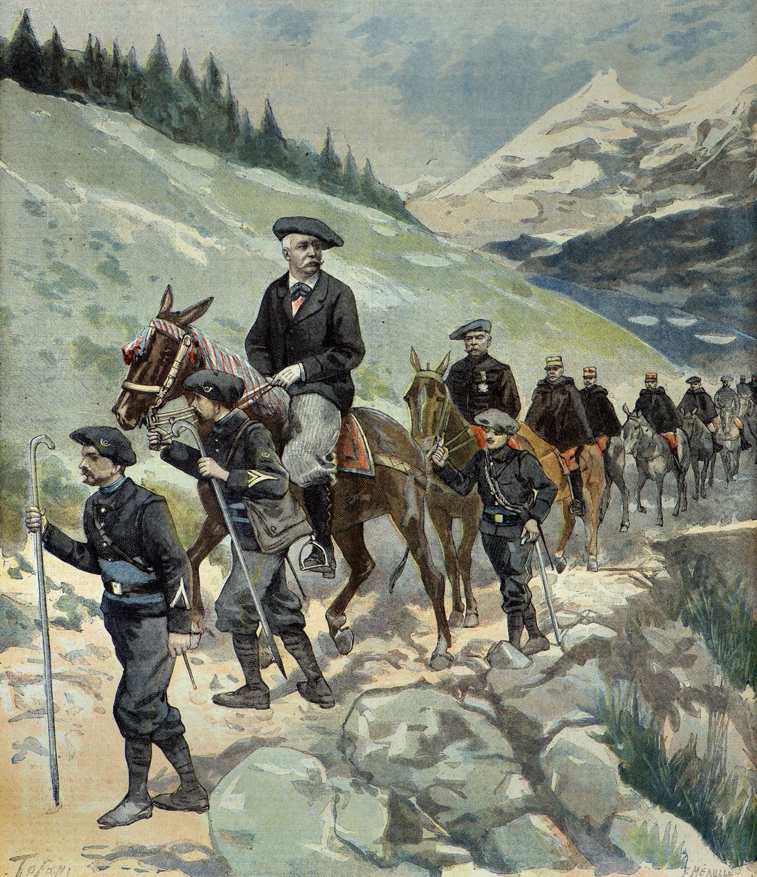 Felix Faure z myśliwymi alpejskimi podczas wyprawy w Alpy w 1897 r. (rycina) autorstwa Oswaldo Tofani