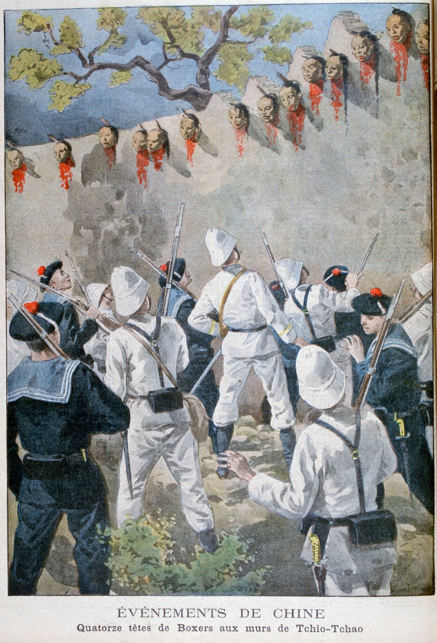 Czternaście głów bokserów na murach Tchio-Tchao, Chiny, 1900 autorstwa Oswaldo Tofani