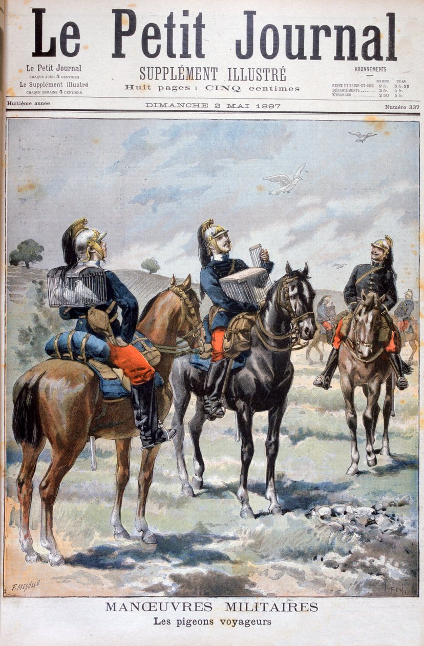 Francuskie manewry wojskowe: używanie gołębi pocztowych do komunikacji, 1897 autorstwa Oswaldo Tofani