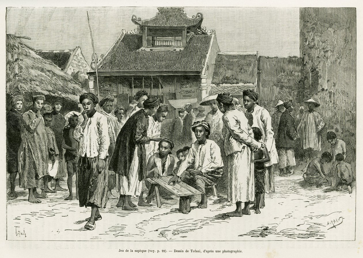Gra w sapeque. Grawerowanie autorstwa Tofaniego, aby zilustrować historię Trente mois au Tonkin, w 1884 r., autorstwa dr Paula Hocquarda, in le tour du monde 1890, pod kierunkiem Edouarda Chartona (1807-1890), Hachette, Paryż. autorstwa Oswaldo Tofani