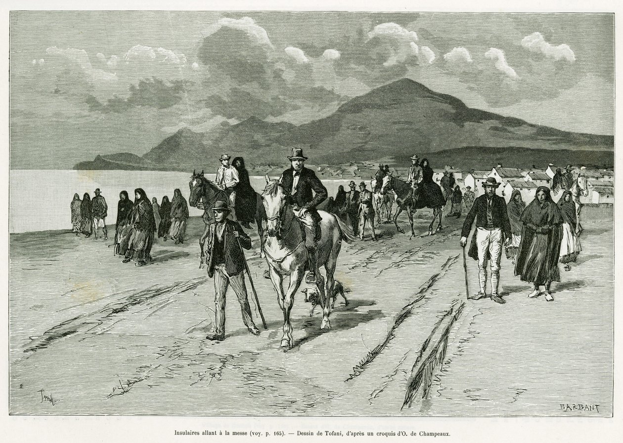 Wyspiarze udają się na mszę. Grawerowanie Tofaniego, aby zilustrować historię Trois mois en Irlande, w 1889, Marie anne de Bovet, in le tour du monde 1890, reżyseria Edouard Charton (1807-1890), Hachette, Paryż. autorstwa Oswaldo Tofani