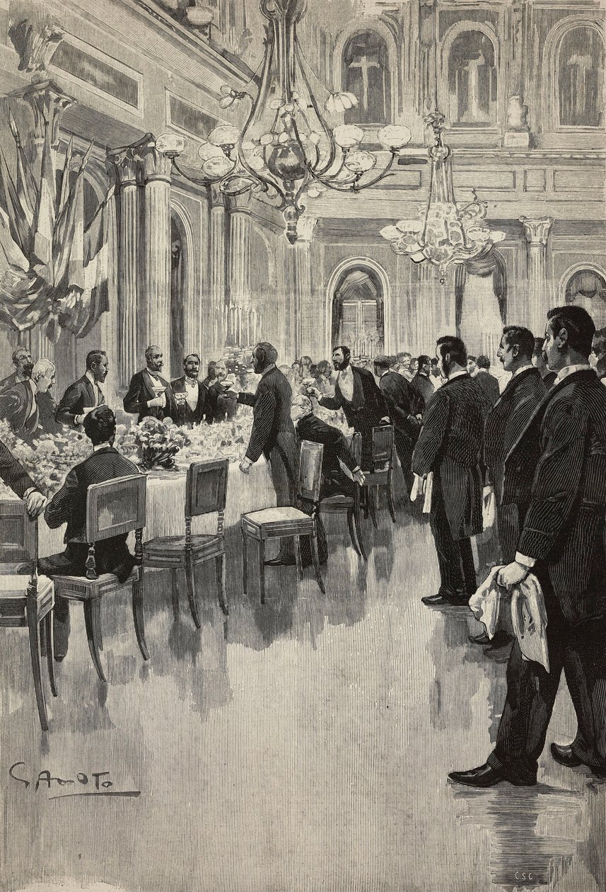 Włoscy dyplomaci wspólnie wznoszący toast, Paryż, Francja, rycina z rysunku Gennaro Amato, ze szkicu Osvaldo Tofaniego, z L
