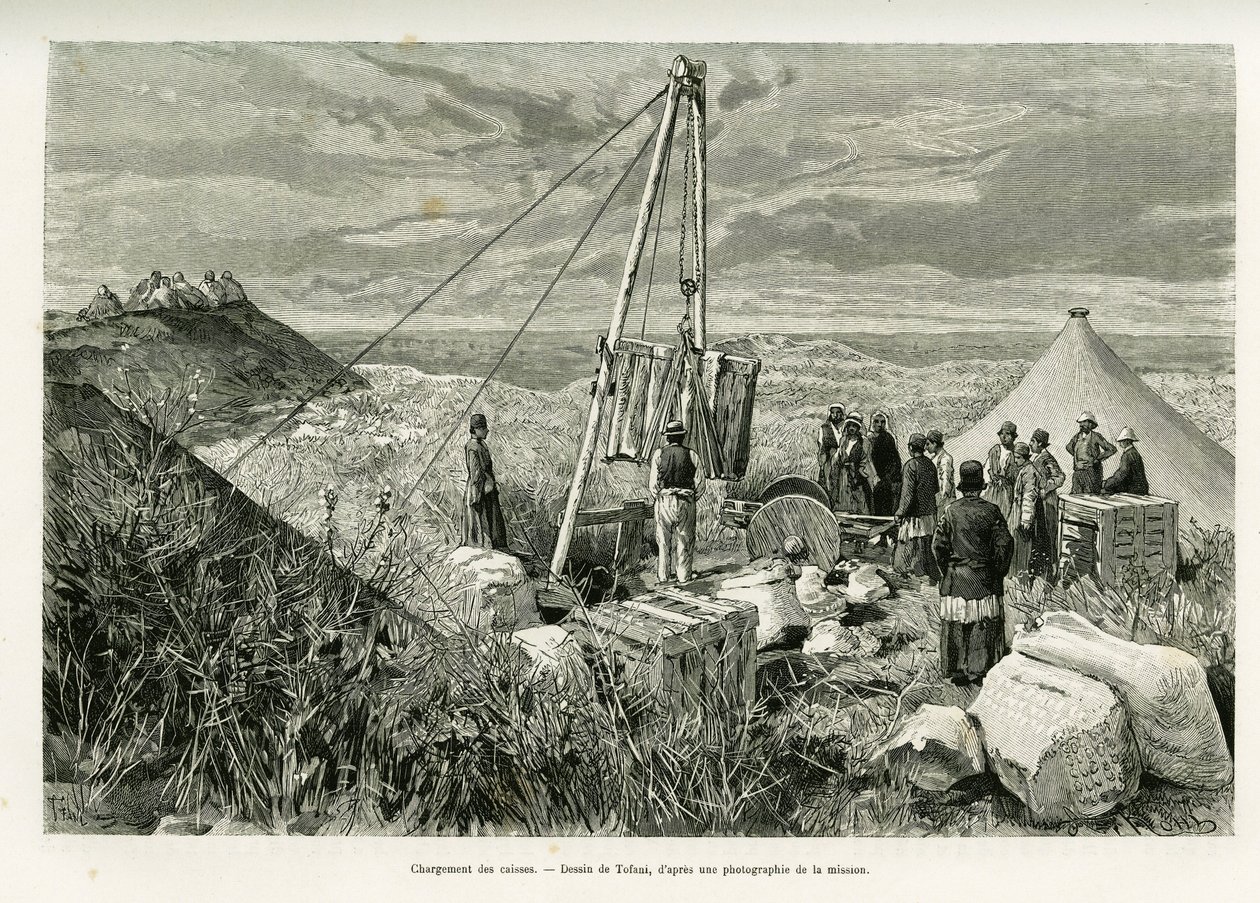 Załadunek skrzyń wykopalisk archeologicznych, Persja. Grawer autorstwa Tofaniego, aby zilustrować historię A Suse autorstwa Oswaldo Tofani