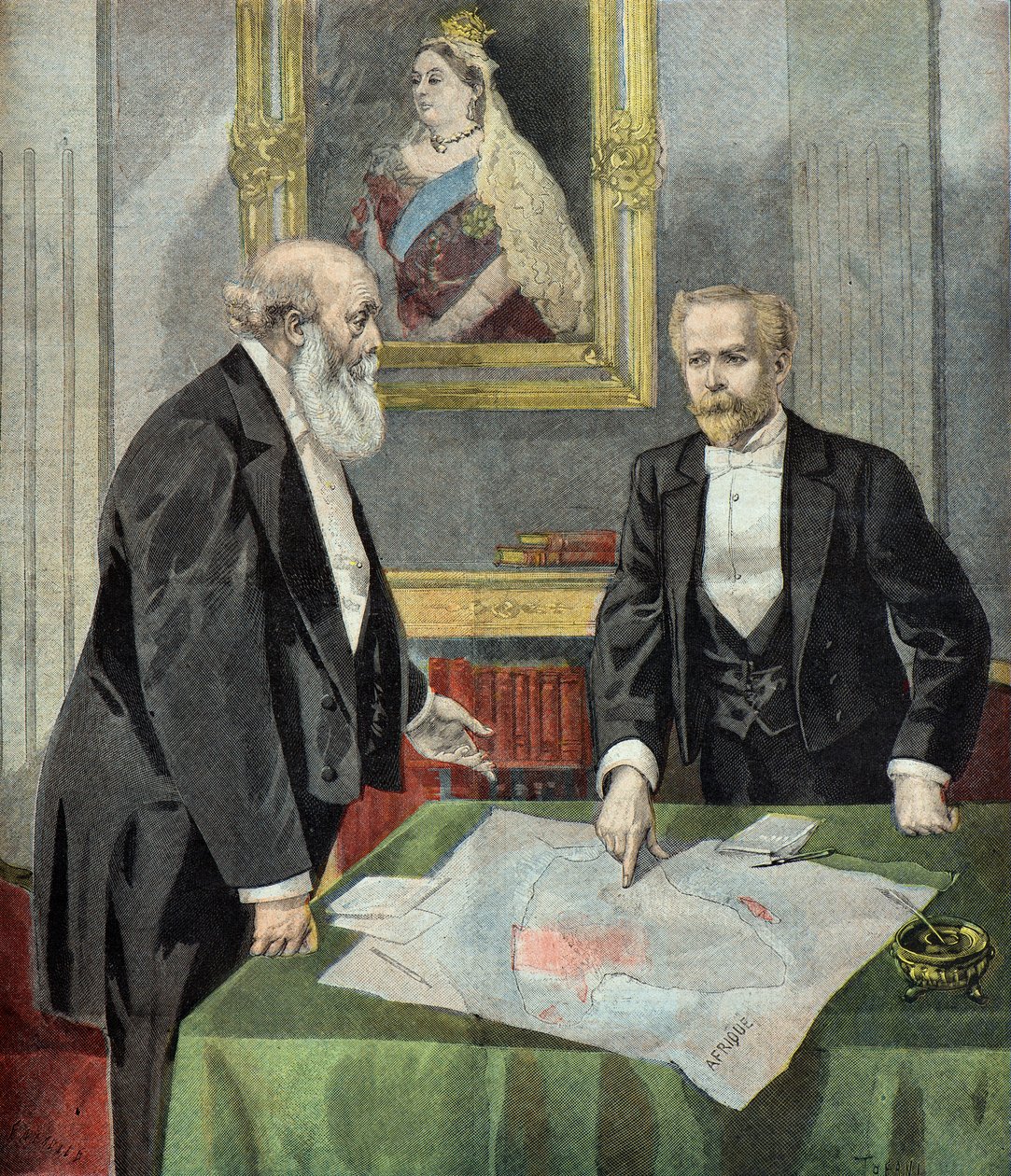 Lord Salisbury i Paul Cambon wyznaczają strefy wpływów w Afryce autorstwa Oswaldo Tofani