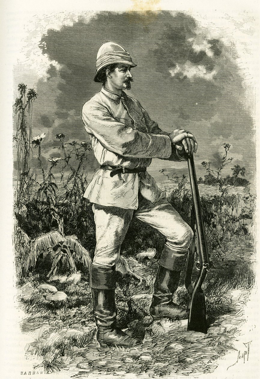 Portret doktora Emile Holuba w kostiumie badawczym, grawerowany przez Tofaniego, ilustrujący historię „Au pays des Marutses””, w latach 1875-1879, autorstwa doktora Emile Holuba (1847-1902). Opublikowane w Tour du monde, 2. semestr 1883, pod redakcją Edoua autorstwa Oswaldo Tofani