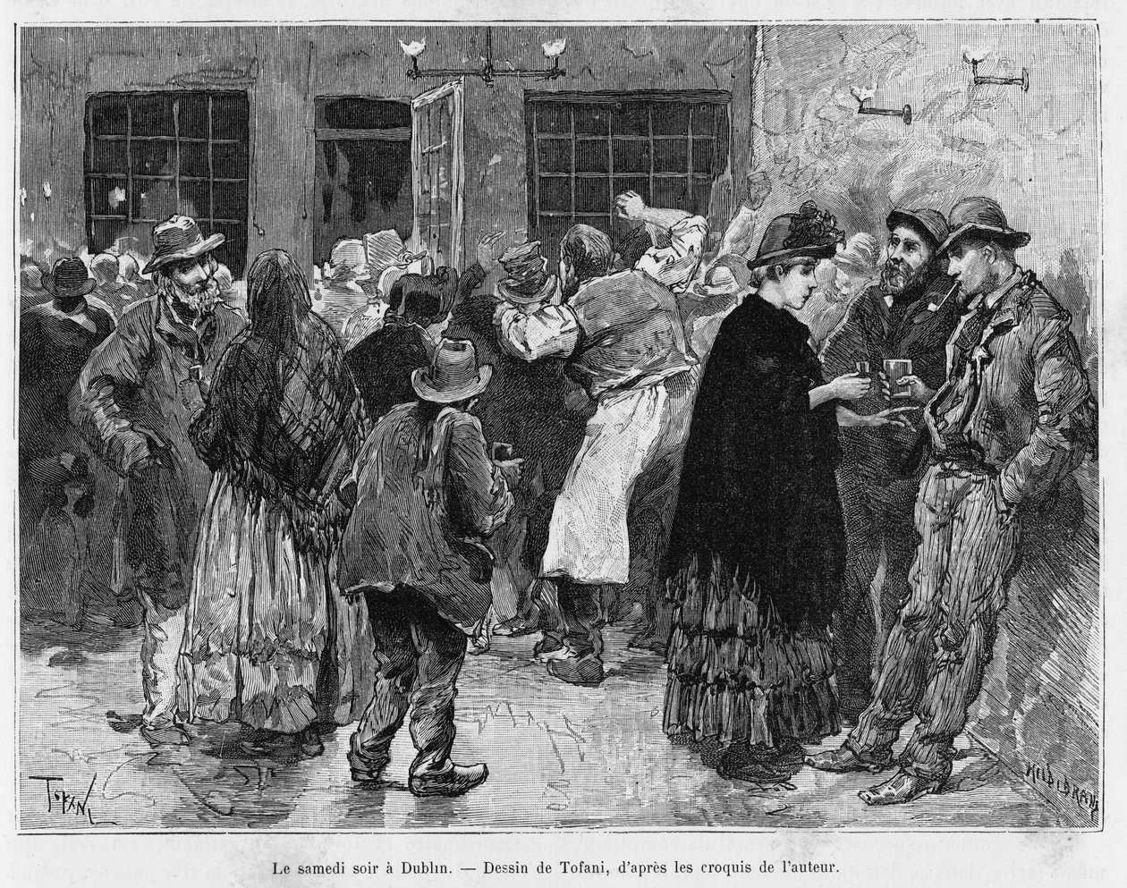 Sobotnia noc w Dublinie. Grawerowanie autorstwa Tofaniego, aby zilustrować historię Trzy miesiące w Irlandii, w 1889, autorstwa Marie Anne de Bovet, in le tour du monde 1890, reżyseria Edouard Charton (1807-1890), Hachette, Paryż. autorstwa Oswaldo Tofani
